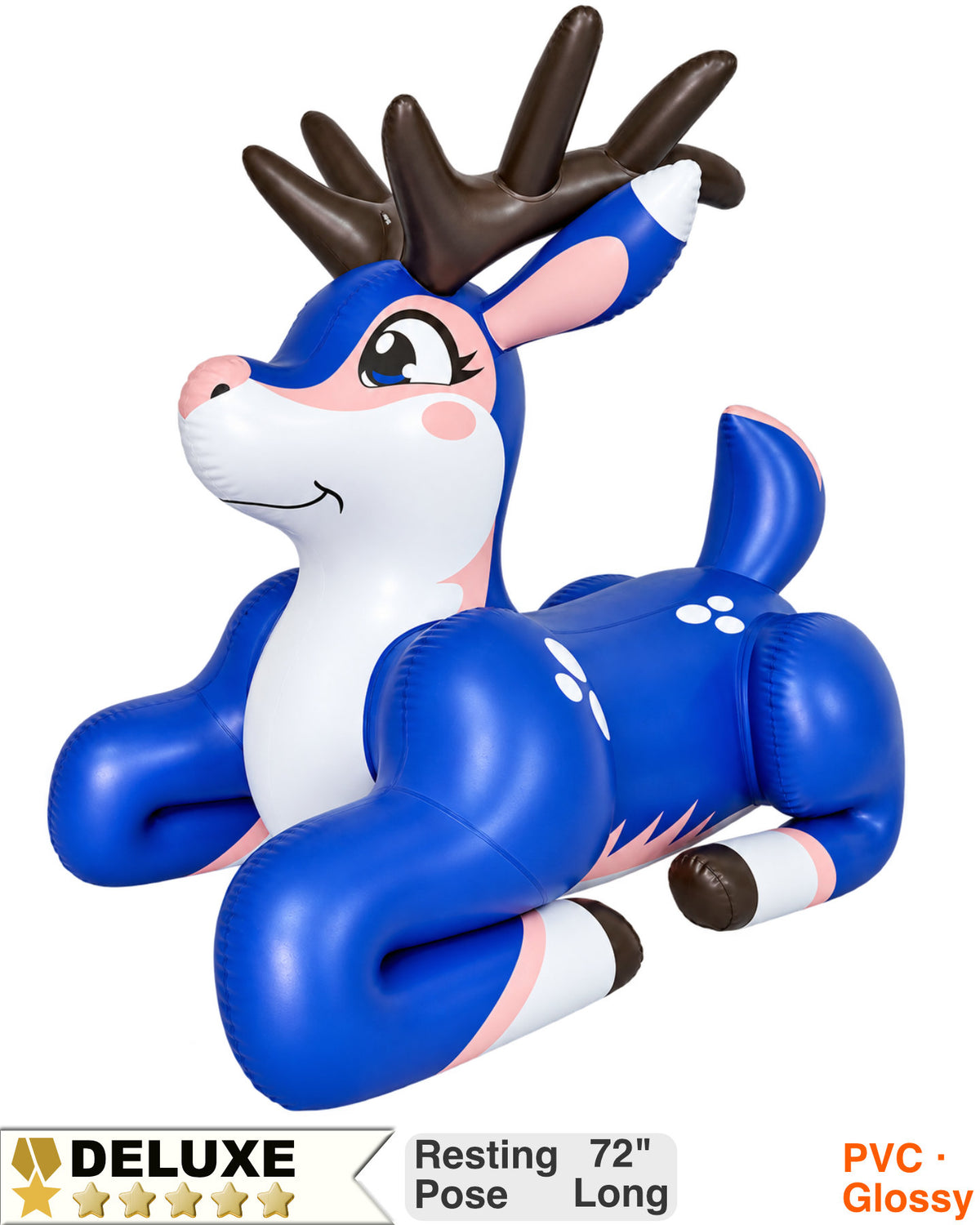 Astrid the Deer – Meadow is a blue ride-on inflatable deer in the resting pose, legs tucked under its body. Badges read Deluxe, Resting Pose 72 inches long, PVC Glossy or TPU. Made by Jet Creations. Sold by SqueakClub.