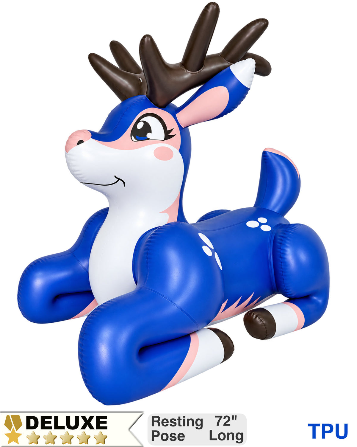 Astrid the Deer – Meadow is a blue ride-on inflatable deer in the resting pose, legs tucked under its body. Badges read Deluxe, Resting Pose 72 inches long, PVC Glossy or TPU. Made by Jet Creations. Sold by SqueakClub.
