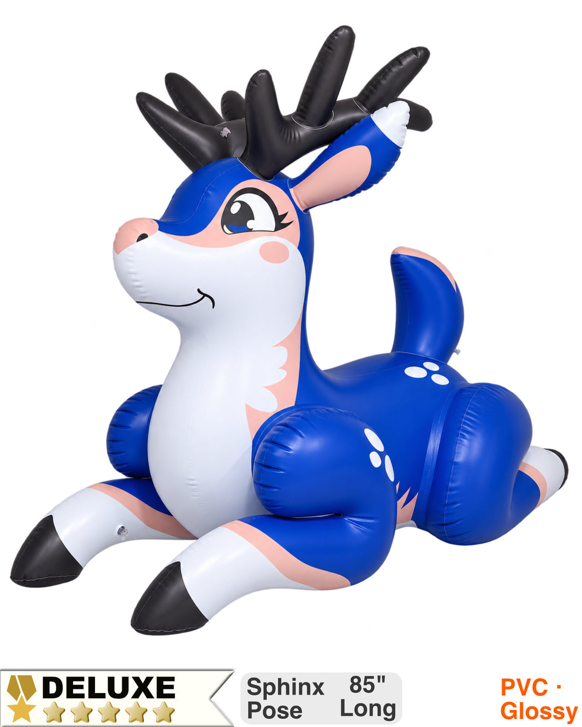 Astrid the Deer – Meadow is a blue ride-on inflatable deer in the sphinx pose, front legs stretched forward and head held high. Badges read Deluxe, Sphinx Pose 85 inches long, PVC Glossy or TPU. Made by Jet Creations. Sold by SqueakClub.