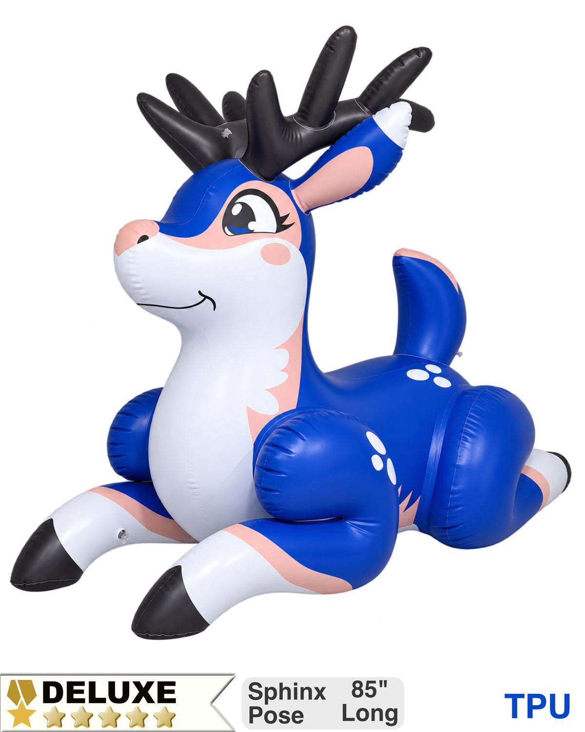 Astrid the Deer – Meadow is a blue ride-on inflatable deer in the sphinx pose, front legs stretched forward and head held high. Badges read Deluxe, Sphinx Pose 85 inches long, PVC Glossy or TPU. Made by Jet Creations. Sold by SqueakClub.