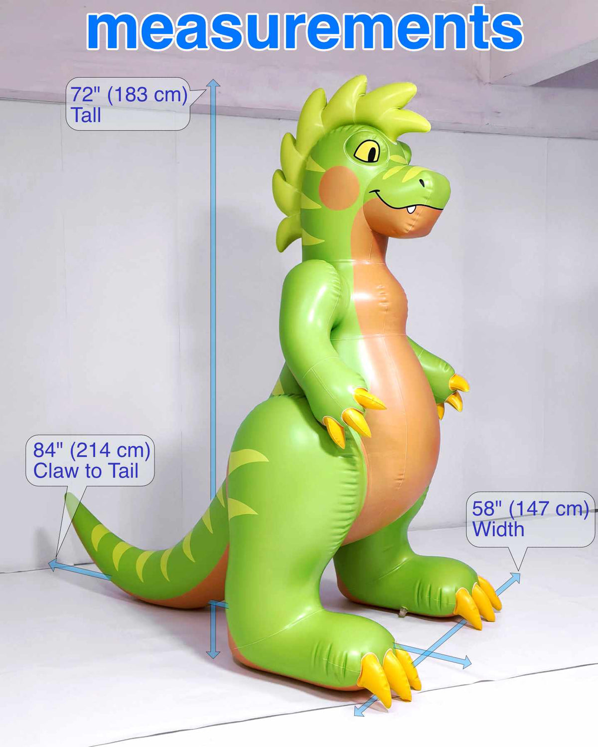 Raptary is a green inflatable dinosaur toy. Made by Jet Creations and Rapatary. Sold by SqueakClub. This image shows the size of Raptary. Height is 72 inches (183 cm). Length from claw to tail is 84 inches (214 cm). Width is 58 inches (147 cm). Raptary is 6 feet tall. It is green with a tan belly, yellow claws, and wavy hair on its head.
