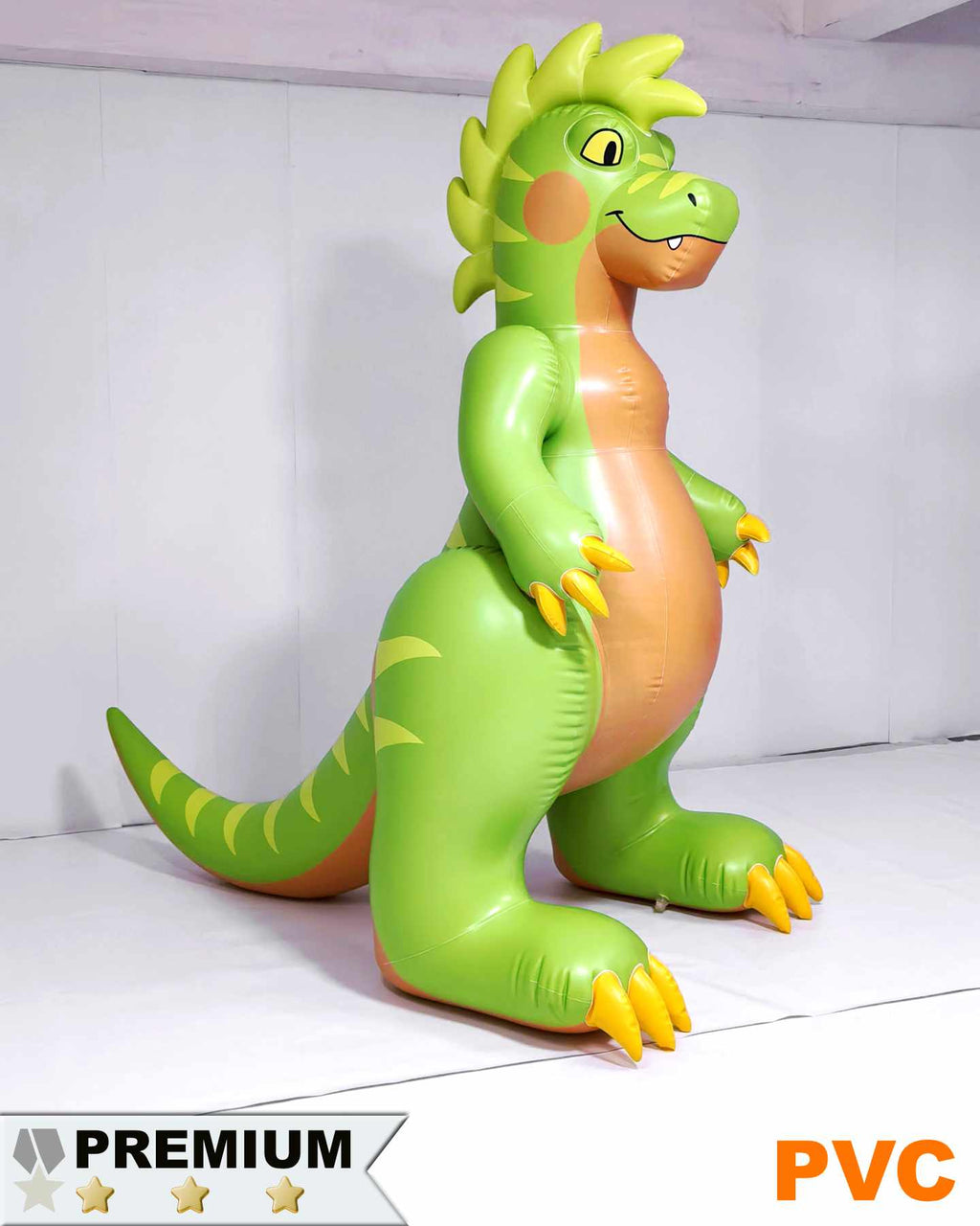 Raptary is a green inflatable dinosaur toy. Made by Jet Creations and Rapatary. Sold by SqueakClub. Raptary is 6 feet tall. It is made of glossy PVC. It is green with a tan belly, yellow claws, and wavy hair on its head. It stands on two feet with its tail on the ground.
