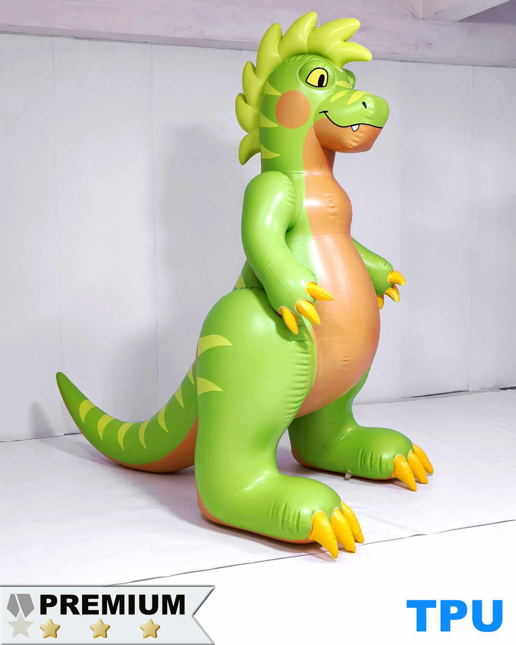 Raptary is a green inflatable dinosaur toy. Made by Jet Creations and Rapatary. Sold by SqueakClub. Raptary is 6 feet tall. It is made of glossy TPU. It is green with a tan belly, yellow claws, and wavy hair on its head. It stands on two feet with its tail on the ground.