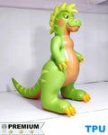 Raptary is a green inflatable dinosaur toy. Made by Jet Creations and Rapatary. Sold by SqueakClub. Raptary is 6 feet tall. It is made of glossy TPU. It is green with a tan belly, yellow claws, and wavy hair on its head. It stands on two feet with its tail on the ground.